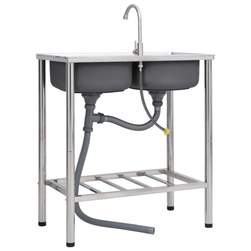 Camping Sink Double Basins with Tap Stainless Steel - Image 4