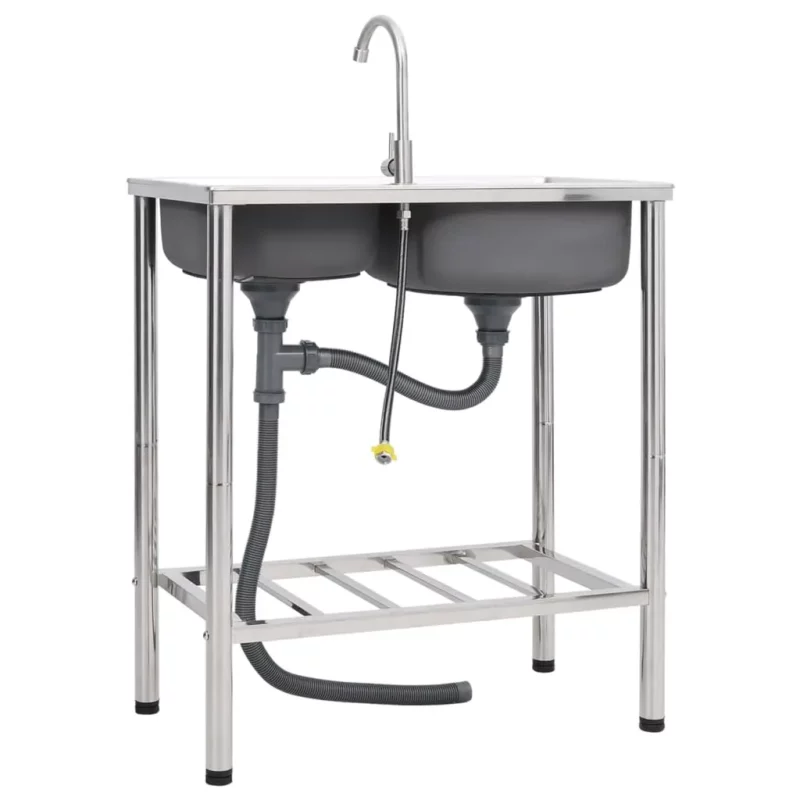  Camping Sink Double Basins with Tap Stainless Steel - Image 4