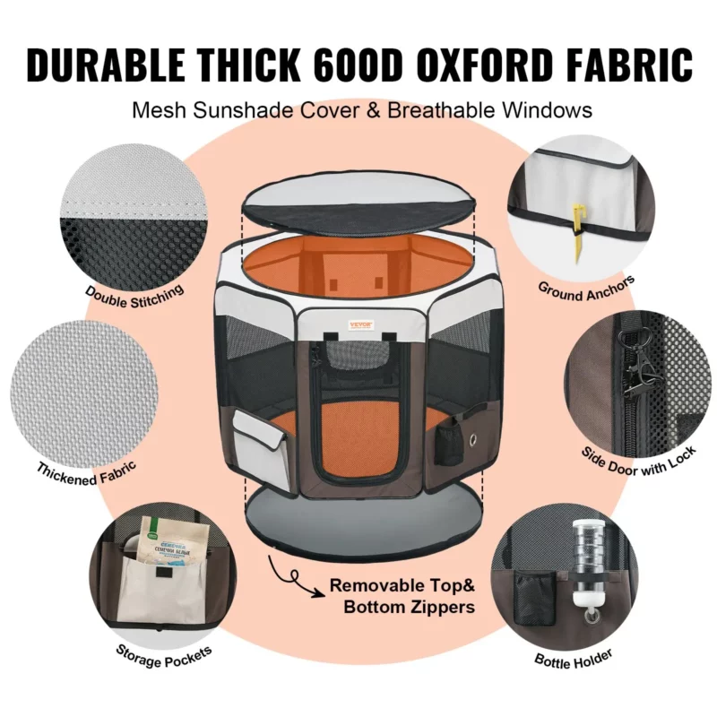 VEVOR Foldable Pet Playpen, 36 inch Portable Dog Playpen, Crate Kennel for Puppy, Dog, Cat, Premium Waterproof 600D Oxford Cloth, Removable Zipper, for Indoor Outdoor Travel Camping Use (Octagon, M) - Image 2