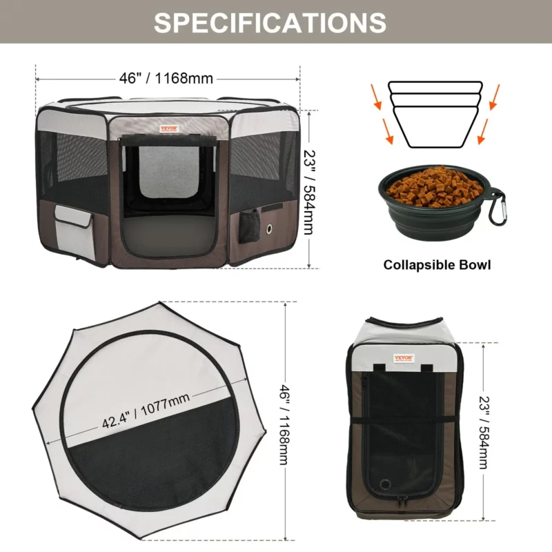 VEVOR Foldable Pet Playpen, 46 inch Portable Dog Playpen, Crate Kennel for Puppy, Dog, Cat, Premium Waterproof 600D Oxford Cloth, Removable Zipper, for Indoor Outdoor Travel Camping Use (Octagon, L) - Image 6
