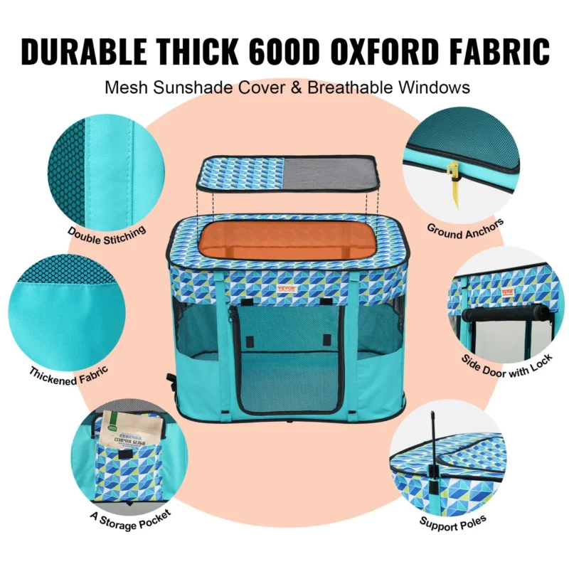 VEVOR Foldable Pet Playpen, 32'' x 24'' x 22'' Portable Dog Playpen, Crate Kennel for Puppy, Dog, Cat, Waterproof 600D Oxford Cloth, Removable Zipper, for Indoor Outdoor Travel Camping (Rectangle, S) - Image 2