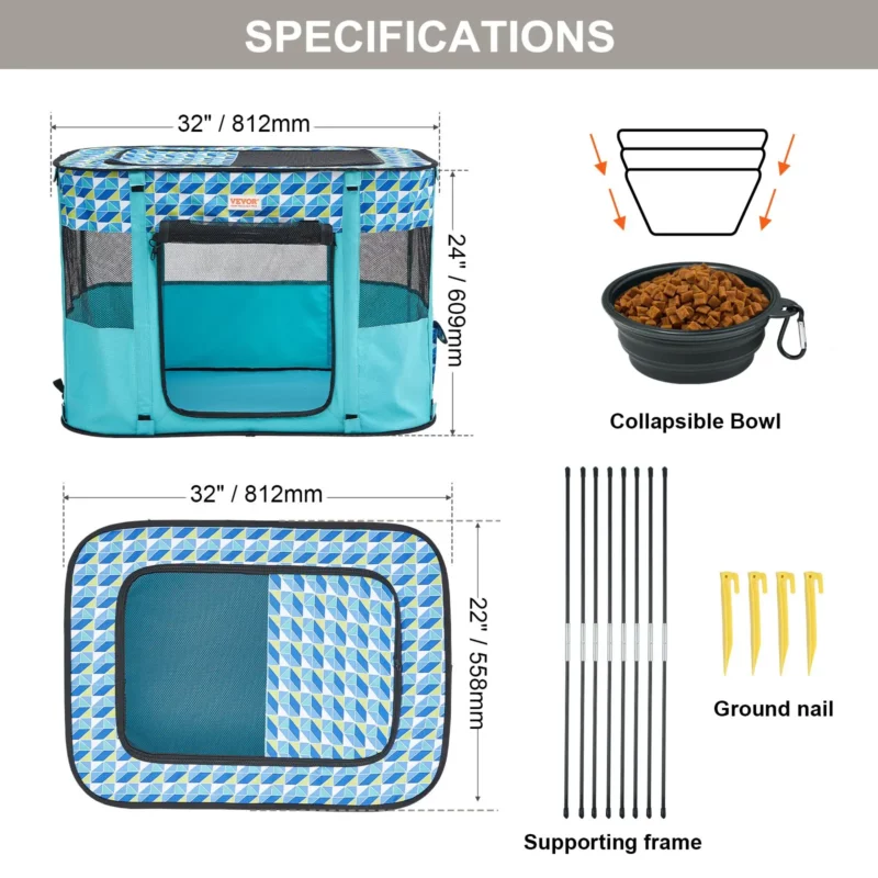 VEVOR Foldable Pet Playpen, 32'' x 24'' x 22'' Portable Dog Playpen, Crate Kennel for Puppy, Dog, Cat, Waterproof 600D Oxford Cloth, Removable Zipper, for Indoor Outdoor Travel Camping (Rectangle, S) - Image 6
