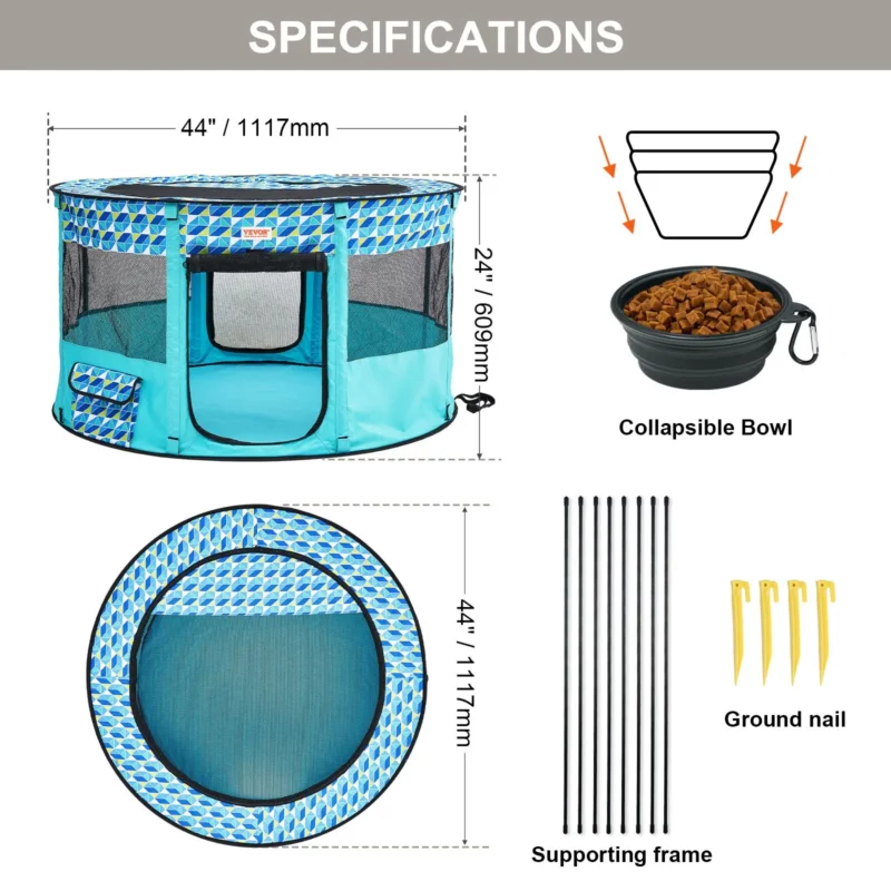 VEVOR Foldable Pet Playpen, 44'' x 44'' x 24'' Portable Dog Playpen, Crate Kennel for Puppy, Dog, Cat, Waterproof 600D Oxford Cloth, Removable Zipper, for Indoor Outdoor Travel Camping (Round, L) - Image 6