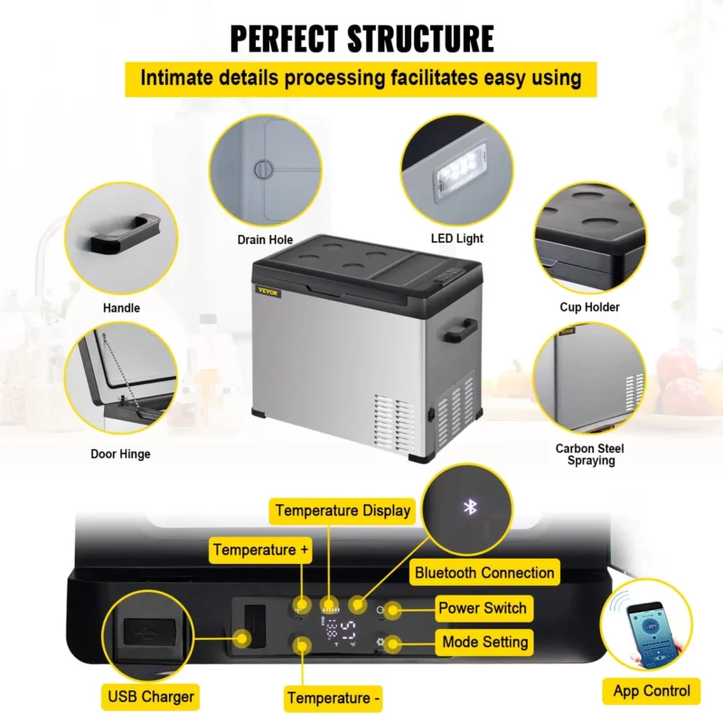 VEVOR 12 Volt Refrigerator, Portable Refrigerator (-4~68) With APP Control Car Compressor Fridge Cooler 12V/24V DC and 110-220V AC For Camping, Road Trip, Boat, Skincare, Outdoor and Home (32 Quart) - Image 4