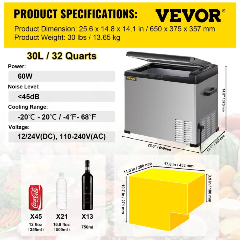 VEVOR 12 Volt Refrigerator, Portable Refrigerator (-4~68) With APP Control Car Compressor Fridge Cooler 12V/24V DC and 110-220V AC For Camping, Road Trip, Boat, Skincare, Outdoor and Home (32 Quart) - Image 6