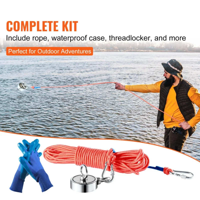 VEVOR Magnet Fishing Kit, 1200lbs 2.95inch Diameter Double Sided Fishing Magnets, Strong Neodymium Magnet with Heavy Duty 65FT Rope, Grappling Hook, Waterproof Case, Gloves, Threadlocker, Eye Bolt - Image 2