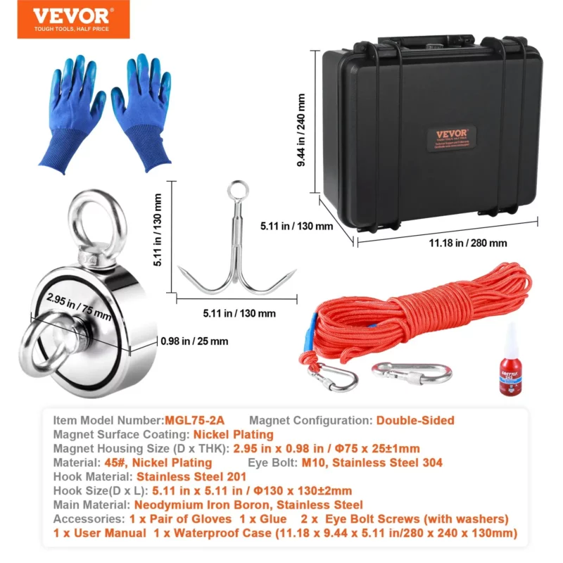 VEVOR Magnet Fishing Kit, 1200lbs 2.95inch Diameter Double Sided Fishing Magnets, Strong Neodymium Magnet with Heavy Duty 65FT Rope, Grappling Hook, Waterproof Case, Gloves, Threadlocker, Eye Bolt - Image 6