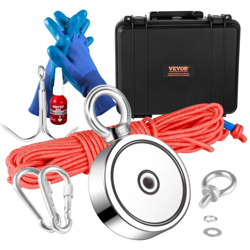 VEVOR Magnet Fishing Kit, 1200lbs 2.95inch Diameter Double Sided Fishing Magnets, Strong Neodymium Magnet with Heavy Duty 65FT Rope, Grappling Hook, Waterproof Case, Gloves, Threadlocker, Eye Bolt - Image 8