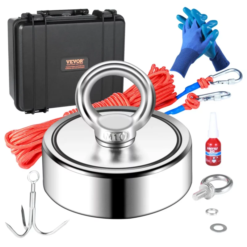 VEVOR Magnet Fishing Kit, 1200lbs 2.95inch Diameter Double Sided Fishing Magnets, Strong Neodymium Magnet with Heavy Duty 65FT Rope, Grappling Hook, Waterproof Case, Gloves, Threadlocker, Eye Bolt - Image 9