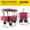 Extra Large Collapsible Garden Cart with Removable Canopy, Folding Wagon Utility Carts with Wheels and Rear Storage, Wagon Cart for Garden, Camping, Grocery Cart, Shopping Cart, Red - Image 6