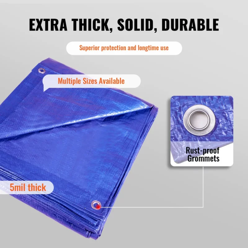 VEVOR Tarp Waterproof 12x16 ft, Plastic Poly Tarp Cover 5 Mil, Multi Purpose Outdoor Tarpaulin with High Durability Reinforced Grommets and Edges for Truck, RV, Boat, Camping (Blue) - Image 2