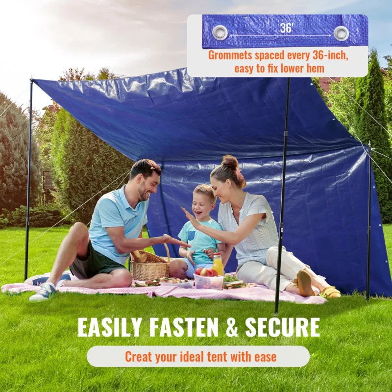VEVOR Tarp Waterproof 12x16 ft, Plastic Poly Tarp Cover 5 Mil, Multi Purpose Outdoor Tarpaulin with High Durability Reinforced Grommets and Edges for Truck, RV, Boat, Camping (Blue) - Image 4