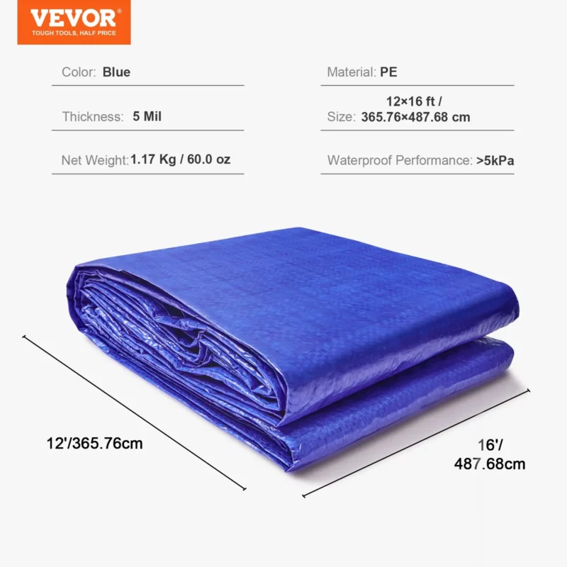 VEVOR Tarp Waterproof 12x16 ft, Plastic Poly Tarp Cover 5 Mil, Multi Purpose Outdoor Tarpaulin with High Durability Reinforced Grommets and Edges for Truck, RV, Boat, Camping (Blue) - Image 6