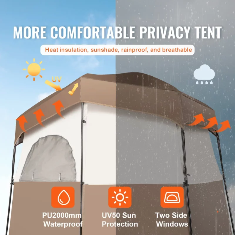 VEVOR Camping Shower Tent, 83" x 42" x 83" 2 Rooms Oversize Outdoor Portable Shelter, Privacy Tent with Detachable Top, Pockets, Hanging Rope and Clothesline, for Dressing, Changing, Toilet, Bathroom - Image 2