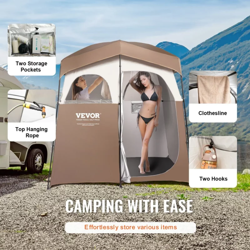VEVOR Camping Shower Tent, 83" x 42" x 83" 2 Rooms Oversize Outdoor Portable Shelter, Privacy Tent with Detachable Top, Pockets, Hanging Rope and Clothesline, for Dressing, Changing, Toilet, Bathroom - Image 3