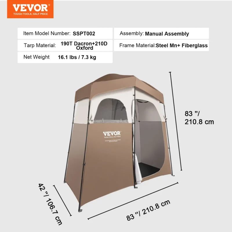 VEVOR Camping Shower Tent, 83" x 42" x 83" 2 Rooms Oversize Outdoor Portable Shelter, Privacy Tent with Detachable Top, Pockets, Hanging Rope and Clothesline, for Dressing, Changing, Toilet, Bathroom - Image 6