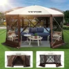 Camping Gazebo Screen Tent, 12*12ft, 6 Sided Pop-up Canopy Shelter Tent with Mesh Windows, Portable Carry Bag, Stakes, Large Shade Tents for Outdoor Camping, Lawn and Backyard, Brown/Beige - Image 7