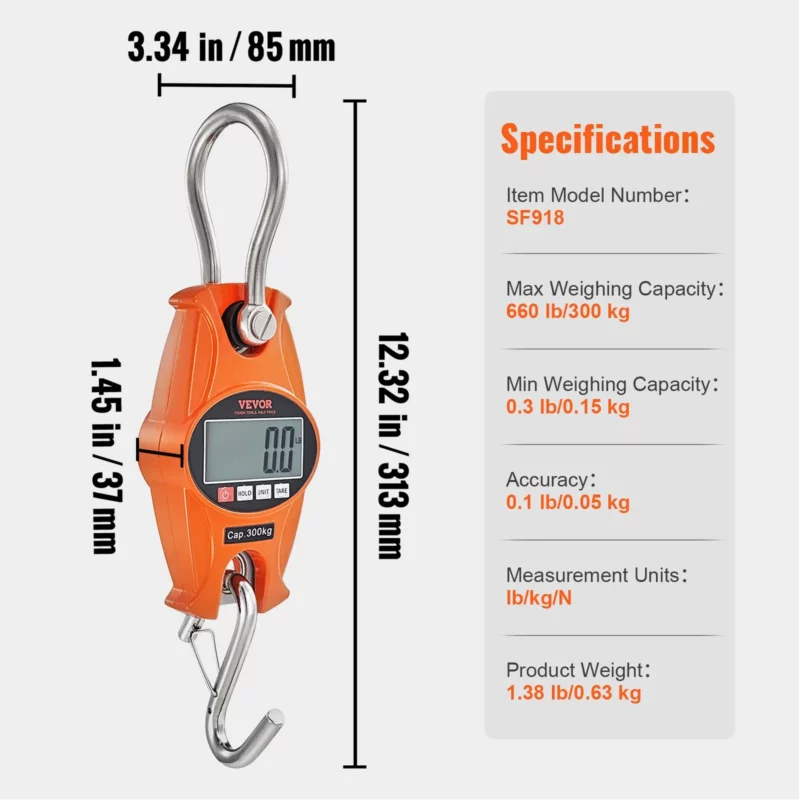 VEVOR Digital Crane Scale, 660 lbs/300 kg, Industrial Heavy Duty Hanging Scale with Cast Aluminum Case & LCD Screen, Handheld Mini Crane with Hooks for Farm, Hunting, Fishing, Outdoor, Garage (Orange) - Image 6