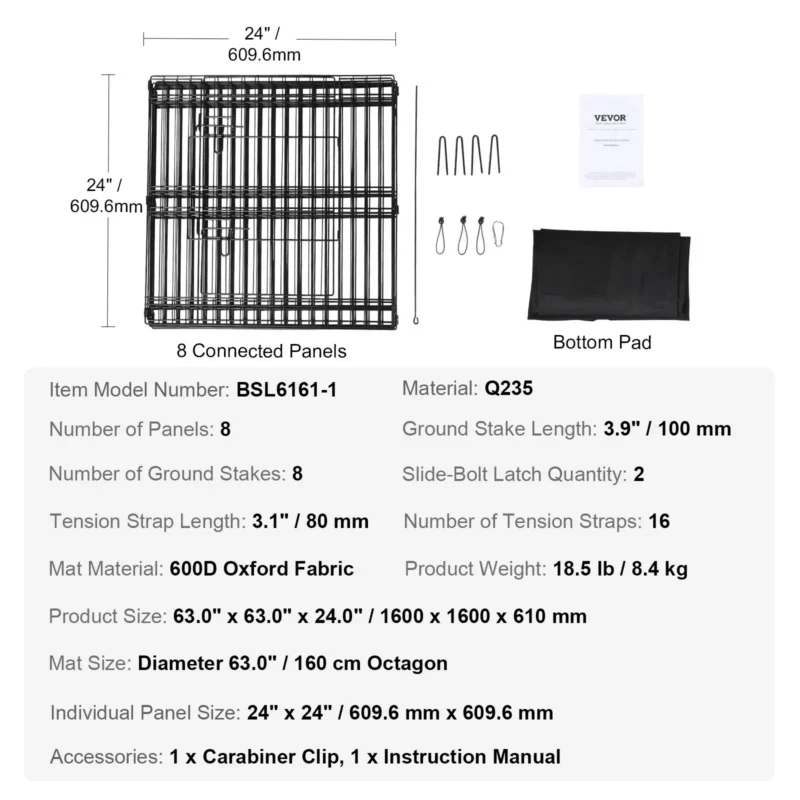 VEVOR Dog Playpen, 8 Panels Foldable Metal Dog Exercise Pen with Bottom Pad, 24" H Pet Fence Puppy Crate Kennel with Ground Stakes, Indoor Outdoor Dog Pen for Small Medium Pets, for Camping, Yard - Image 6