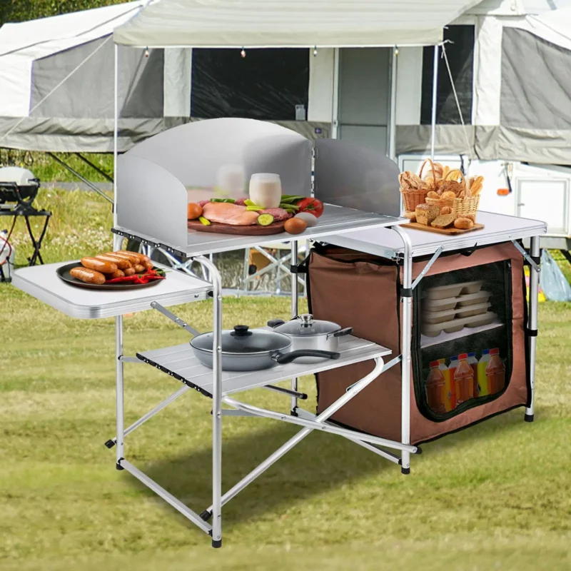 Camping Kitchen Table Picnic Cabinet Folding Cooking Storage Rack Portable Brown - Image 7