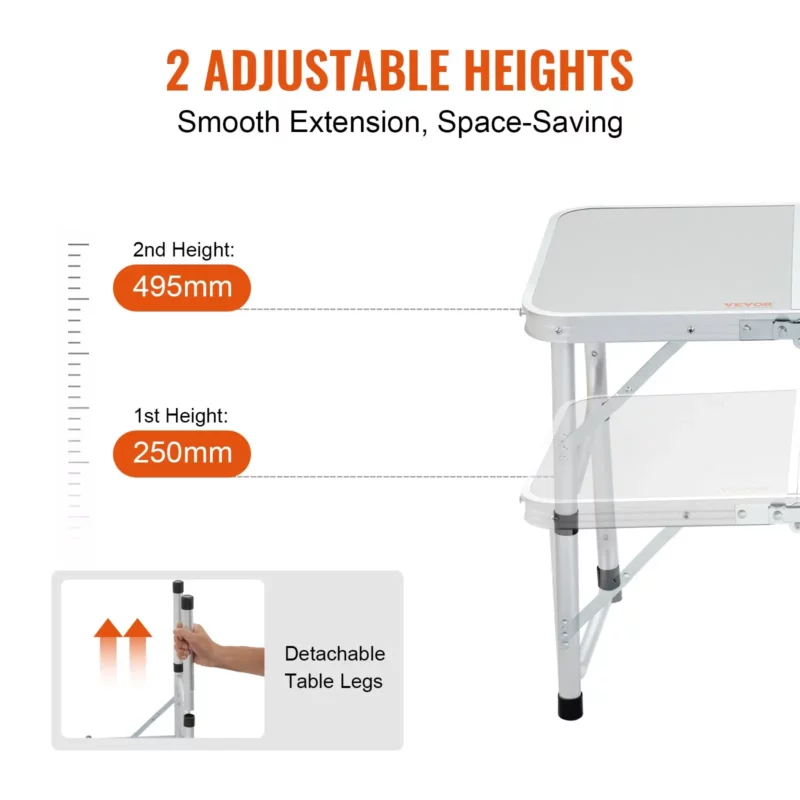VEVOR Folding Camping Table, Adjustable Height Outdoor Portable Side Tables, Lightweight Fold Up Table, Aluminum & MDF Ultra Compact Work Table, For Cooking, Beach, Picnic, Travel, 24x16 inch, Silver - Image 4