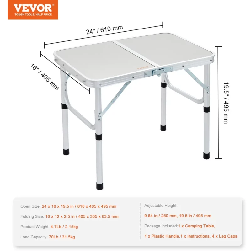 VEVOR Folding Camping Table, Adjustable Height Outdoor Portable Side Tables, Lightweight Fold Up Table, Aluminum & MDF Ultra Compact Work Table, For Cooking, Beach, Picnic, Travel, 24x16 inch, Silver - Image 6