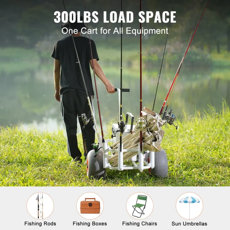 VEVOR Beach Fishing Cart, 300 lbs Load Capacity, Fish and Marine Cart with Two 13" Big Wheels PU Balloon Tires for Sand, Heavy-Duty Aluminum Pier Wagon Trolley with 8 Rod Holders for Fishing, Picnic - Image 3