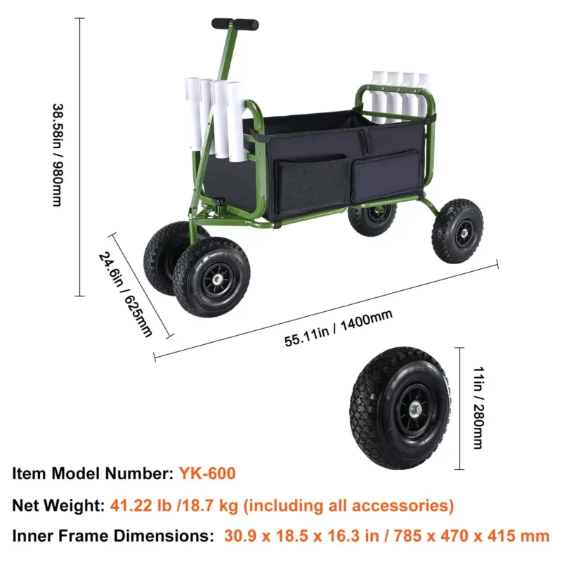 VEVOR Beach Fishing Cart, 300 lbs Load Capacity, Foldable Fish and Marine Cart with Four 11" Big Wheels Rubber Balloon Tires for Sand, Heavy-Duty Steel Pier Wagon Trolley with 8 Rod Holders for Picnic - Image 6