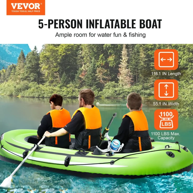 VEVOR Inflatable Boat, 5-Person Inflatable Fishing Boat, Strong PVC Portable Boat Raft Kayak, 45.6" Aluminum Oars, High-Output Pump, Fishing Rod Holders, and 2 Seats, 1100 lb Capacity for Adults, Kids - Image 11