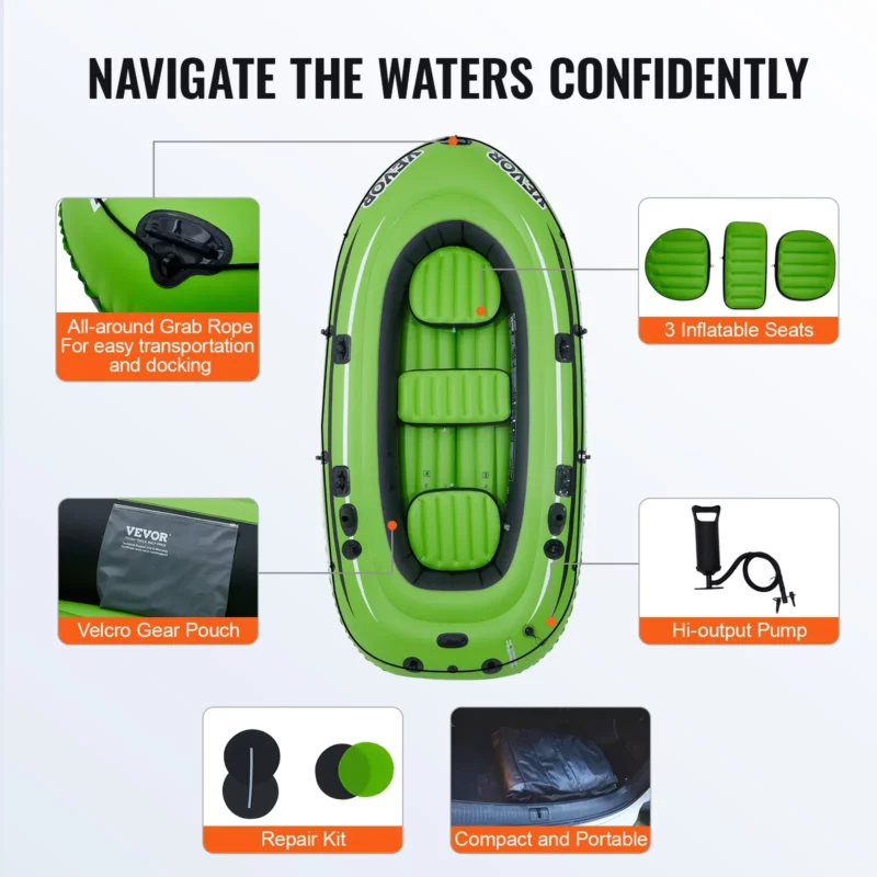 VEVOR Inflatable Boat, 5-Person Inflatable Fishing Boat, Strong PVC Portable Boat Raft Kayak, 45.6" Aluminum Oars, High-Output Pump, Fishing Rod Holders, and 2 Seats, 1100 lb Capacity for Adults, Kids - Image 15