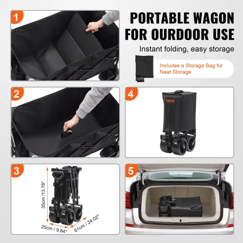 Collapsible Folding Wagon, 150 L Beach Wagon Cart with All-Terrain Wheels, Heavy Duty Folding Wagon Cart Max 265 lbs with Drink Holders, Sports Wagon for Camping, Shopping, Garden - Image 5