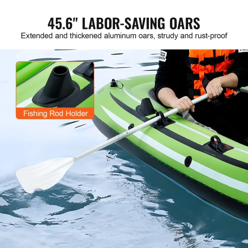 VEVOR Inflatable Boat, 3-Person Inflatable Fishing Boat, Strong PVC Portable Boat Raft Kayak, 45.6" Aluminum Oars, High-Output Pump, Fishing Rod Holders, and 2 Seats, 750 lb Capacity for Adults, Kids - Image 4