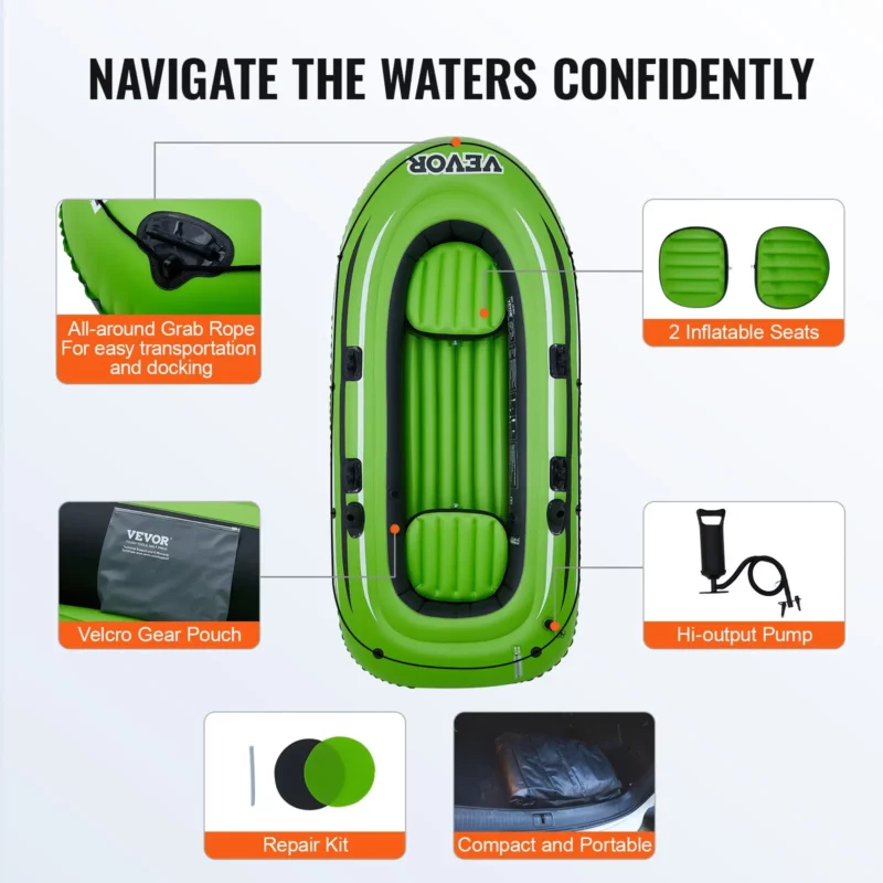 VEVOR Inflatable Boat, 3-Person Inflatable Fishing Boat, Strong PVC Portable Boat Raft Kayak, 45.6" Aluminum Oars, High-Output Pump, Fishing Rod Holders, and 2 Seats, 750 lb Capacity for Adults, Kids - Image 5