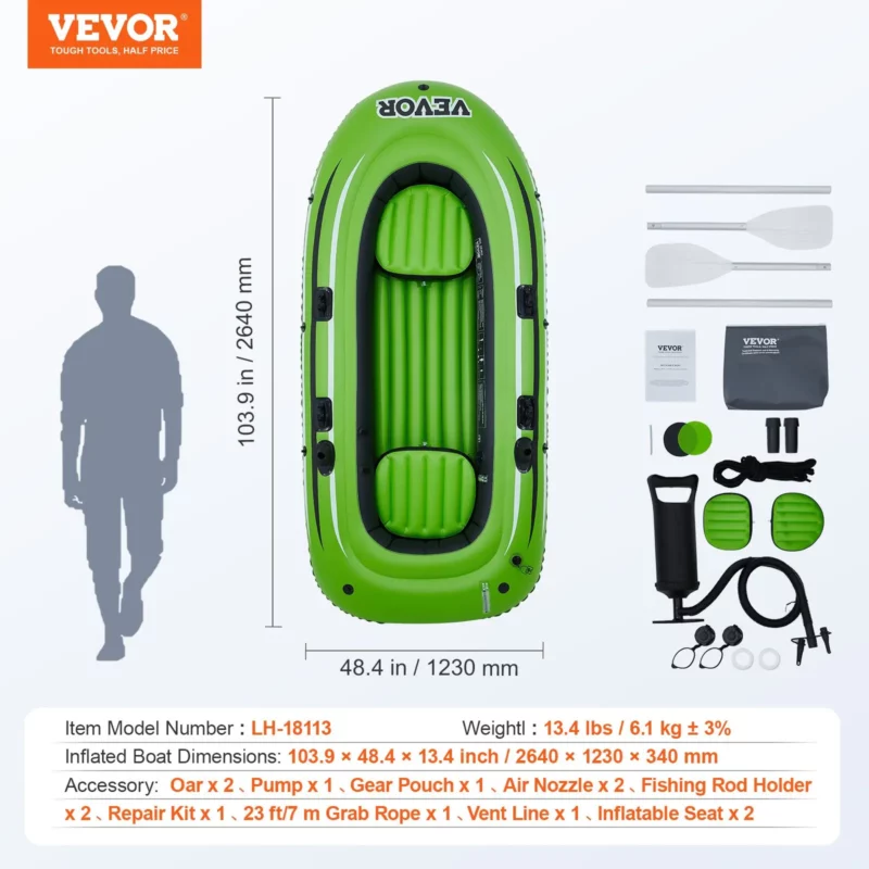 VEVOR Inflatable Boat, 3-Person Inflatable Fishing Boat, Strong PVC Portable Boat Raft Kayak, 45.6" Aluminum Oars, High-Output Pump, Fishing Rod Holders, and 2 Seats, 750 lb Capacity for Adults, Kids - Image 6
