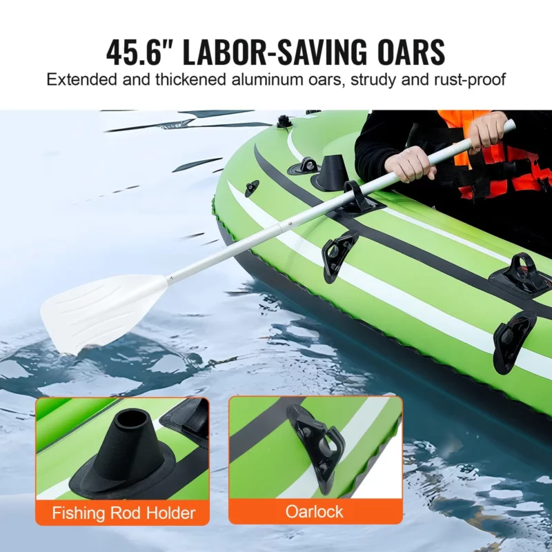 VEVOR Inflatable Boat, 4-Person Inflatable Fishing Boat, Strong PVC Portable Boat Raft Kayak, 45.6" Aluminum Oars, High-Output Pump, Fishing Rod Holders, and 2 Seats, 1100 lb Capacity for Adults, Kids - Image 4
