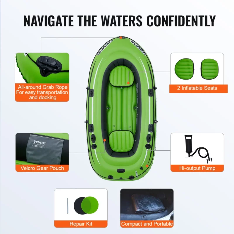 VEVOR Inflatable Boat, 4-Person Inflatable Fishing Boat, Strong PVC Portable Boat Raft Kayak, 45.6" Aluminum Oars, High-Output Pump, Fishing Rod Holders, and 2 Seats, 1100 lb Capacity for Adults, Kids - Image 5