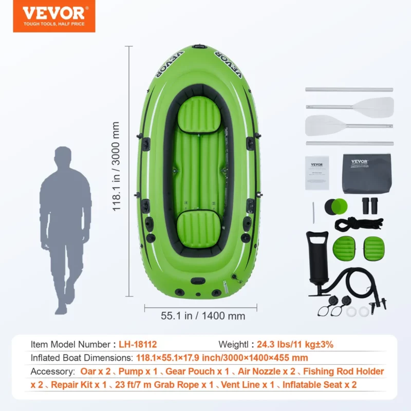 VEVOR Inflatable Boat, 4-Person Inflatable Fishing Boat, Strong PVC Portable Boat Raft Kayak, 45.6" Aluminum Oars, High-Output Pump, Fishing Rod Holders, and 2 Seats, 1100 lb Capacity for Adults, Kids - Image 6