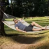 Double Quilted Fabric Hammock, 12 FT Double Hammock with Curved Spreader Bars, 2 Person Quilted Hammock with Detachable Pillow and Chains for Camping Outdoor Patio Yard Beach, 480 lbs Capacity - Image 7