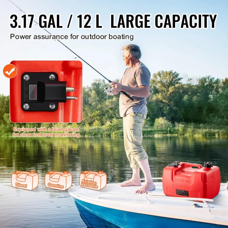 VEVOR Marine Fuel Tank, 3.17 Gallon/12L, Portable Boat Fuel Gas Tank for Outboard Engine Boats, Plastic Outboard Marine Boat Fuel Tank with Hose, Easy to Carry for Yacht, Fishing Boat, Deck Boat, Red - Image 3