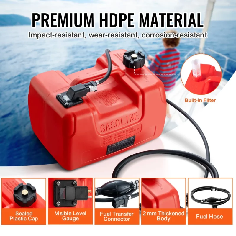 VEVOR Marine Fuel Tank, 3.17 Gallon/12L, Portable Boat Fuel Gas Tank for Outboard Engine Boats, Plastic Outboard Marine Boat Fuel Tank with Hose, Easy to Carry for Yacht, Fishing Boat, Deck Boat, Red - Image 4