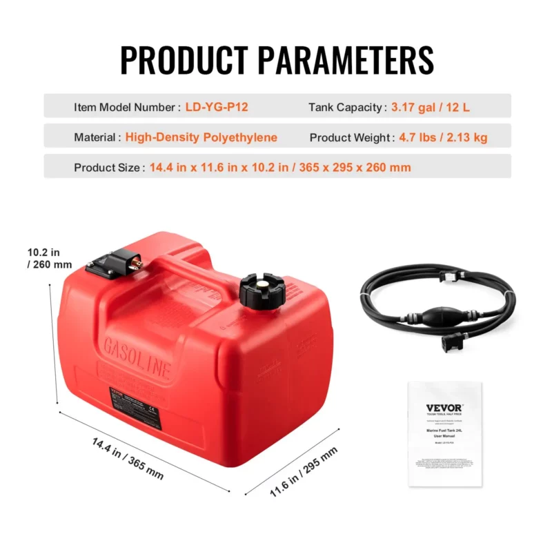 VEVOR Marine Fuel Tank, 3.17 Gallon/12L, Portable Boat Fuel Gas Tank for Outboard Engine Boats, Plastic Outboard Marine Boat Fuel Tank with Hose, Easy to Carry for Yacht, Fishing Boat, Deck Boat, Red - Image 6