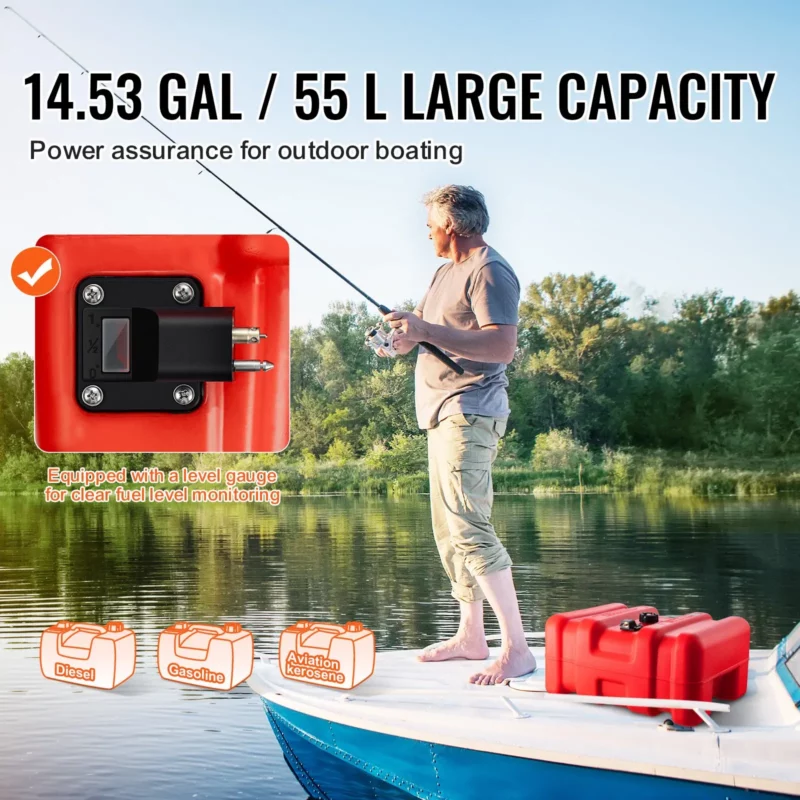VEVOR Marine Fuel Tank, 14.53 Gallon/55L, Portable Boat Fuel Gas Tank for Outboard Engine Boats, Plastic Outboard Marine Boat Fuel Tank with Hose, Easy to Carry for Yacht, Fishing Boat, Deck Boat, Red - Image 3