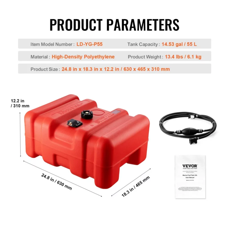 VEVOR Marine Fuel Tank, 14.53 Gallon/55L, Portable Boat Fuel Gas Tank for Outboard Engine Boats, Plastic Outboard Marine Boat Fuel Tank with Hose, Easy to Carry for Yacht, Fishing Boat, Deck Boat, Red - Image 6