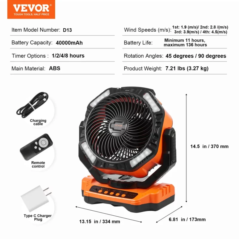 Portable Fan Rechargeable 13 inch, Battery Powered Fan with LED Lantern, 4 Speeds Adjustable & 45/90Automatic Swivel & Timer , USB Battery Operated Fans for Travel Bedroom Home Camping Office - Image 26