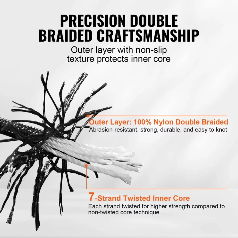 VEVOR Braided Nylon Cord, 3/16 inch by 250 feet, 32-Strand Design, 720 LBS Tensile Strength, Multi-Purpose Black Rope for Outdoor, Tree Work, Hiking, Swinging, and Rescue Operations - Image 2