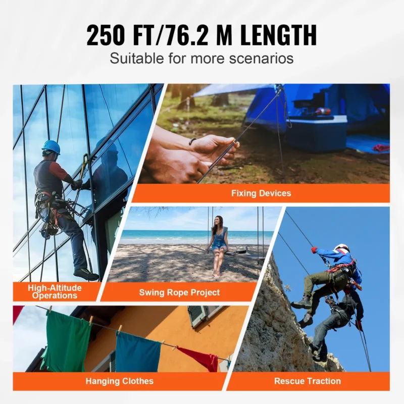 VEVOR Braided Nylon Cord, 3/16 inch by 250 feet, 32-Strand Design, 720 LBS Tensile Strength, Multi-Purpose Black Rope for Outdoor, Tree Work, Hiking, Swinging, and Rescue Operations - Image 3