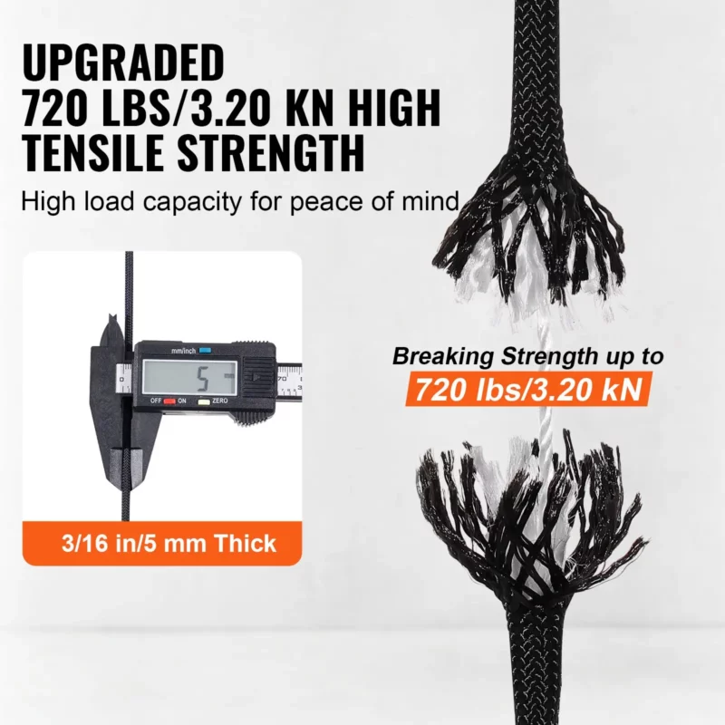 VEVOR Braided Nylon Cord, 3/16 inch by 250 feet, 32-Strand Design, 720 LBS Tensile Strength, Multi-Purpose Black Rope for Outdoor, Tree Work, Hiking, Swinging, and Rescue Operations - Image 4
