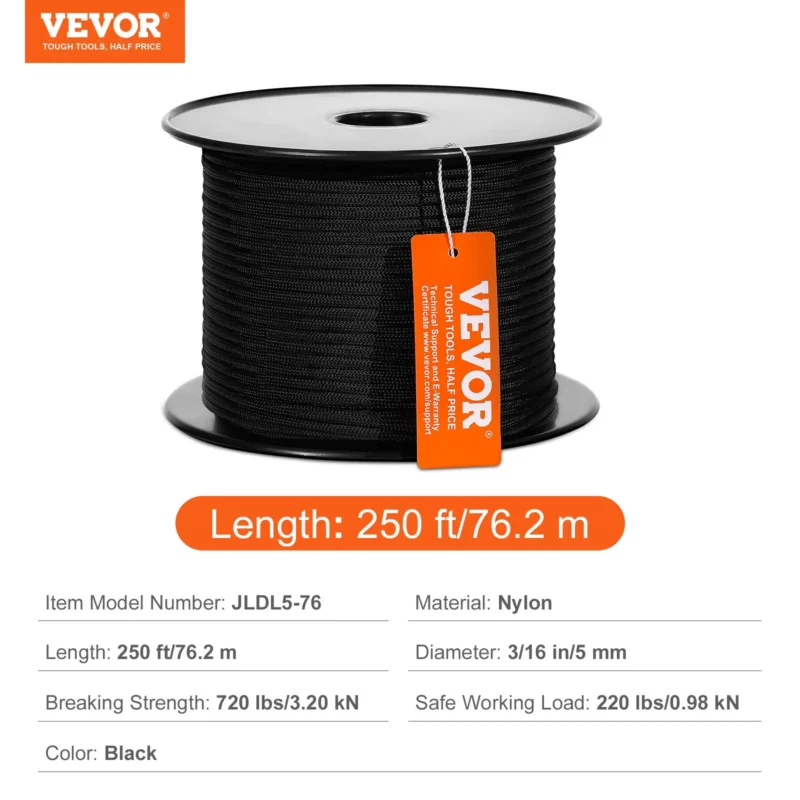 VEVOR Braided Nylon Cord, 3/16 inch by 250 feet, 32-Strand Design, 720 LBS Tensile Strength, Multi-Purpose Black Rope for Outdoor, Tree Work, Hiking, Swinging, and Rescue Operations - Image 6