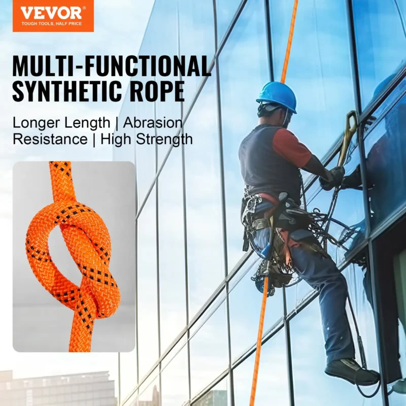 Double Braided Polyester Rope, 1/2 in x 120 ft, 48 Strands, 8000 LBS Breaking Strength Outdoor Climbing Rope, Arborist Rigging Rope for Rock Hiking Camping Swing Rappelling Rescue, Orange/Black