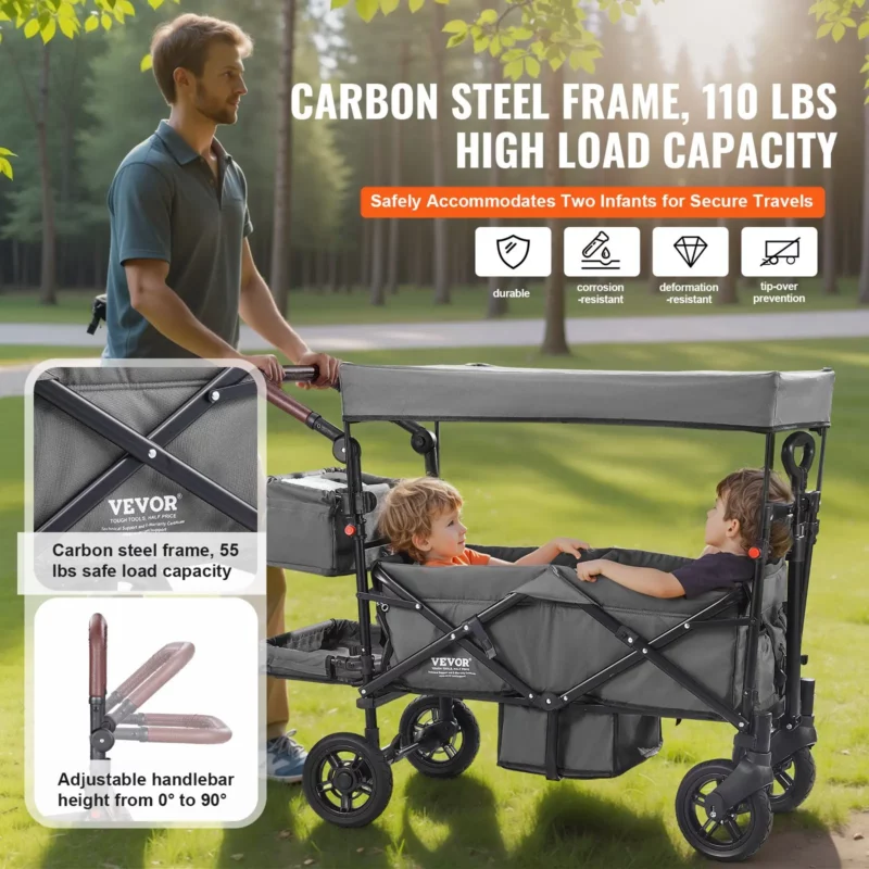 VEVOR Wagon Stroller for 2 Kids, Push Pull Quad Collapsible Stroller with Adjustable Handle, Encircling Harness Removable Canopy, 4 Wheels w/ Brakes, Mutifunction Tandem Stroller for Camping Dark Grey - Image 2